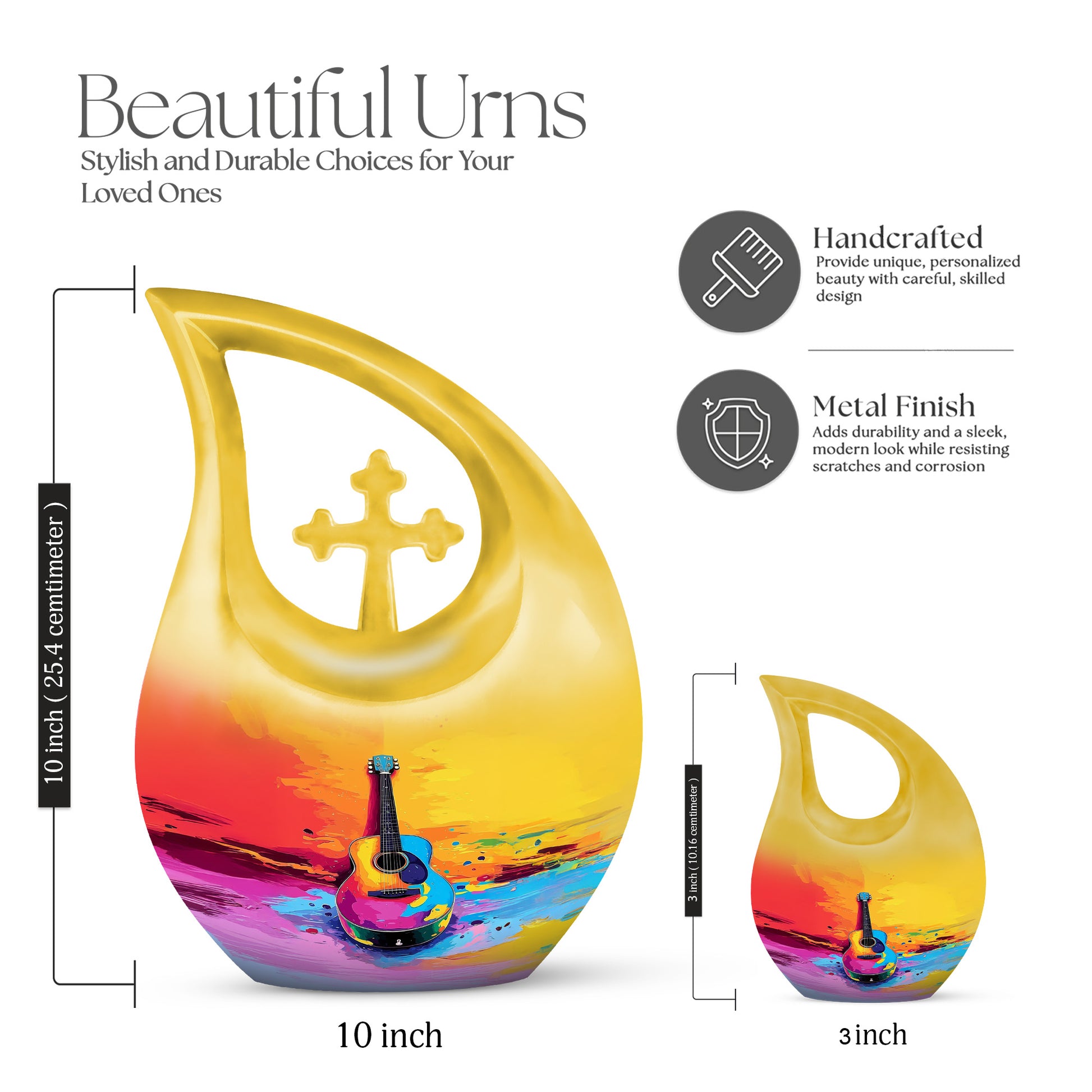 Champagne Gold Guitar Cremation Urn back view with polished surface - sacred cross merged with guitar motif on metal - mini keepsake memorial for portion of cremation ashes