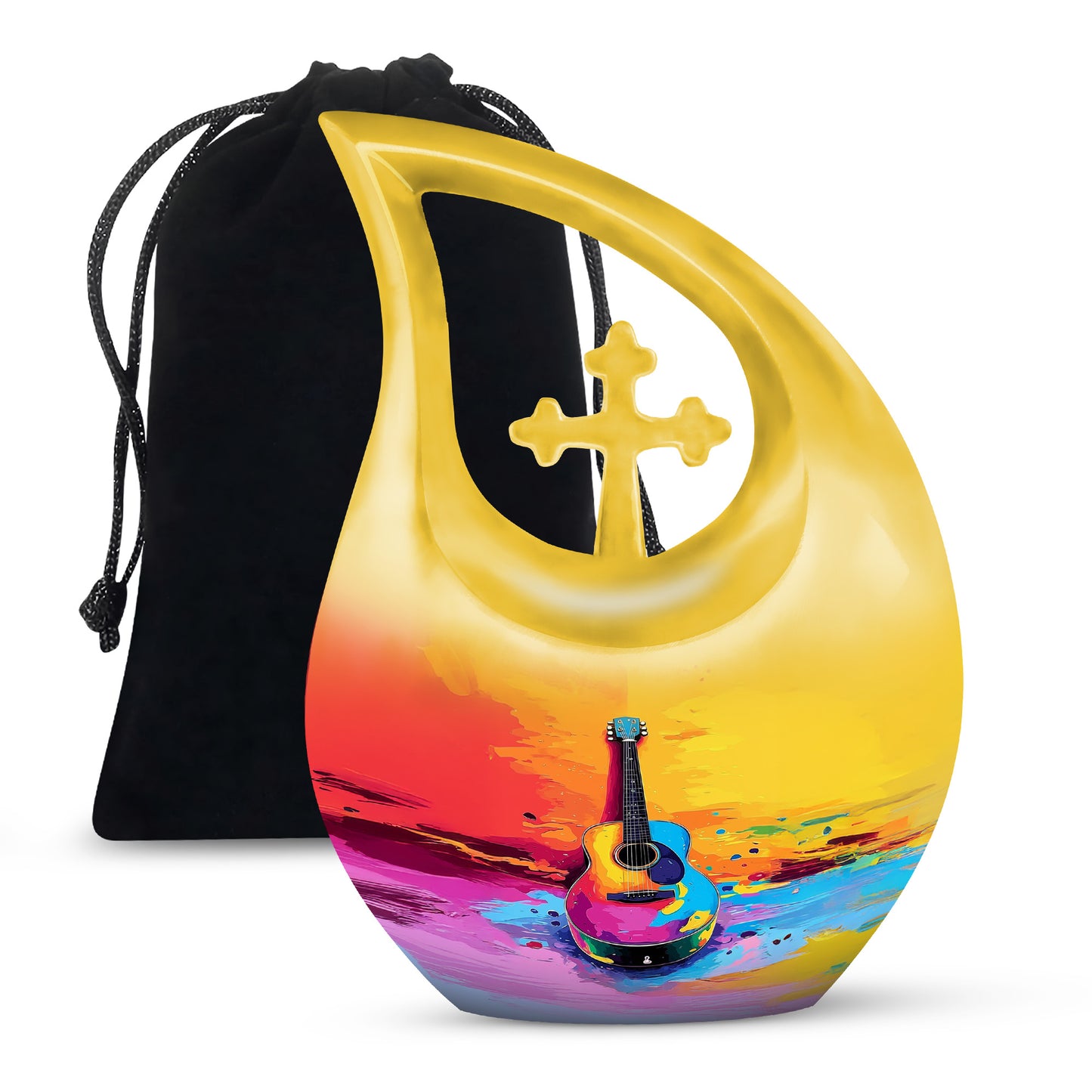 Gilded Gold Guitar Cremation Urn top-down view of secure threaded lid - cross and guitar combined in spiritual memorial design - full-size 10 inch 200 cubic inch adult cremation urn