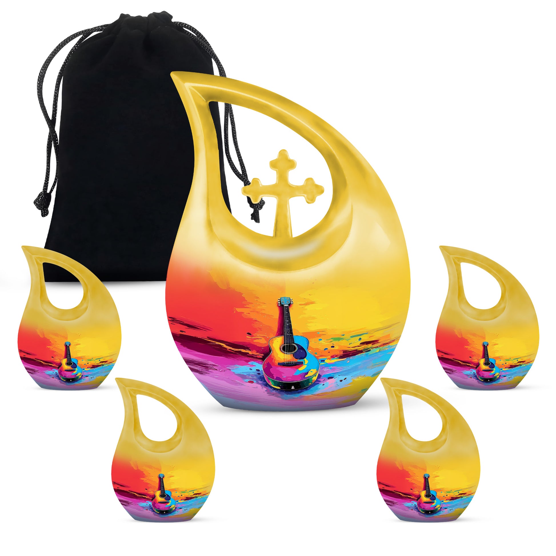 Antique Gold Guitar Cremation Urn urn with complimentary velvet bag - cross and guitar combined in spiritual memorial design - memorial set with one large and four small urns
