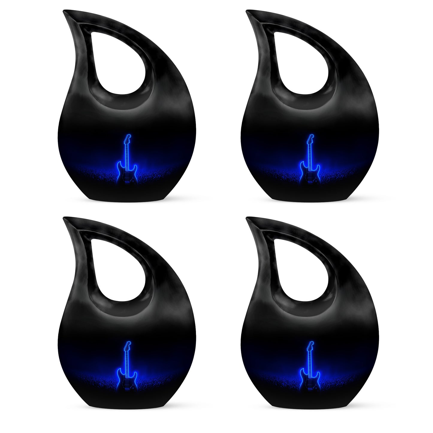Midnight Black Guitar Cremation Urn lifestyle display on memorial shelf - faith-inspired cross-drop urn with guitar pattern - 10 inch aluminum urn for cremated remains