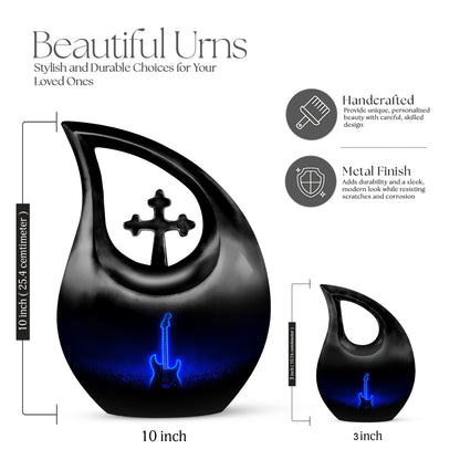 Onyx Black Guitar Cremation Urn back view with polished surface - faith-inspired cross-drop urn with guitar pattern - mini keepsake memorial for portion of cremation ashes