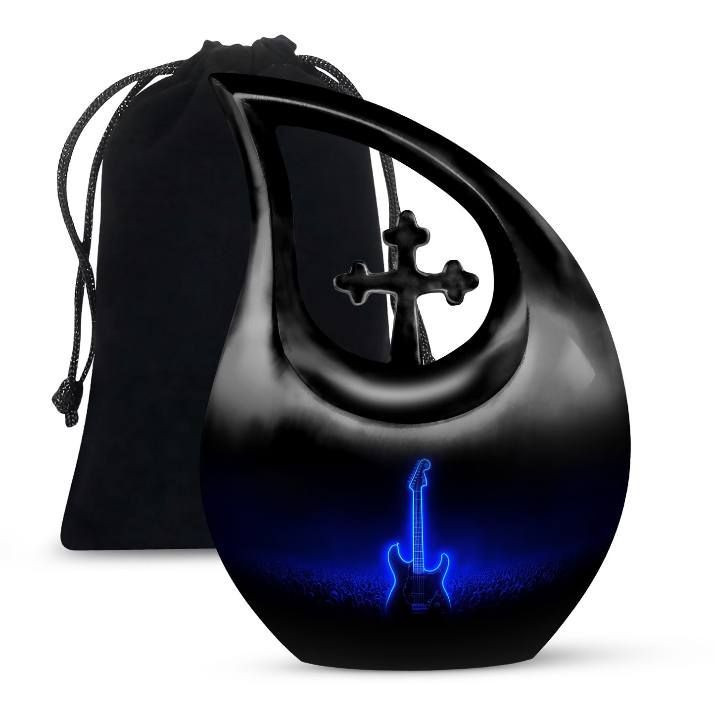 Jet Black Guitar Cremation Urn top-down view of secure threaded lid - cross and guitar combined in spiritual memorial design - full-size 10 inch 200 cubic inch adult cremation urn