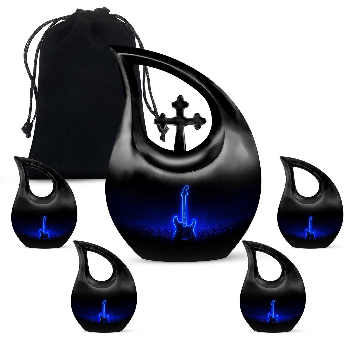 Onyx Black Guitar Cremation Urn urn with complimentary velvet bag - devotional cross-drop guitar engraving - memorial set with one large and four small urns