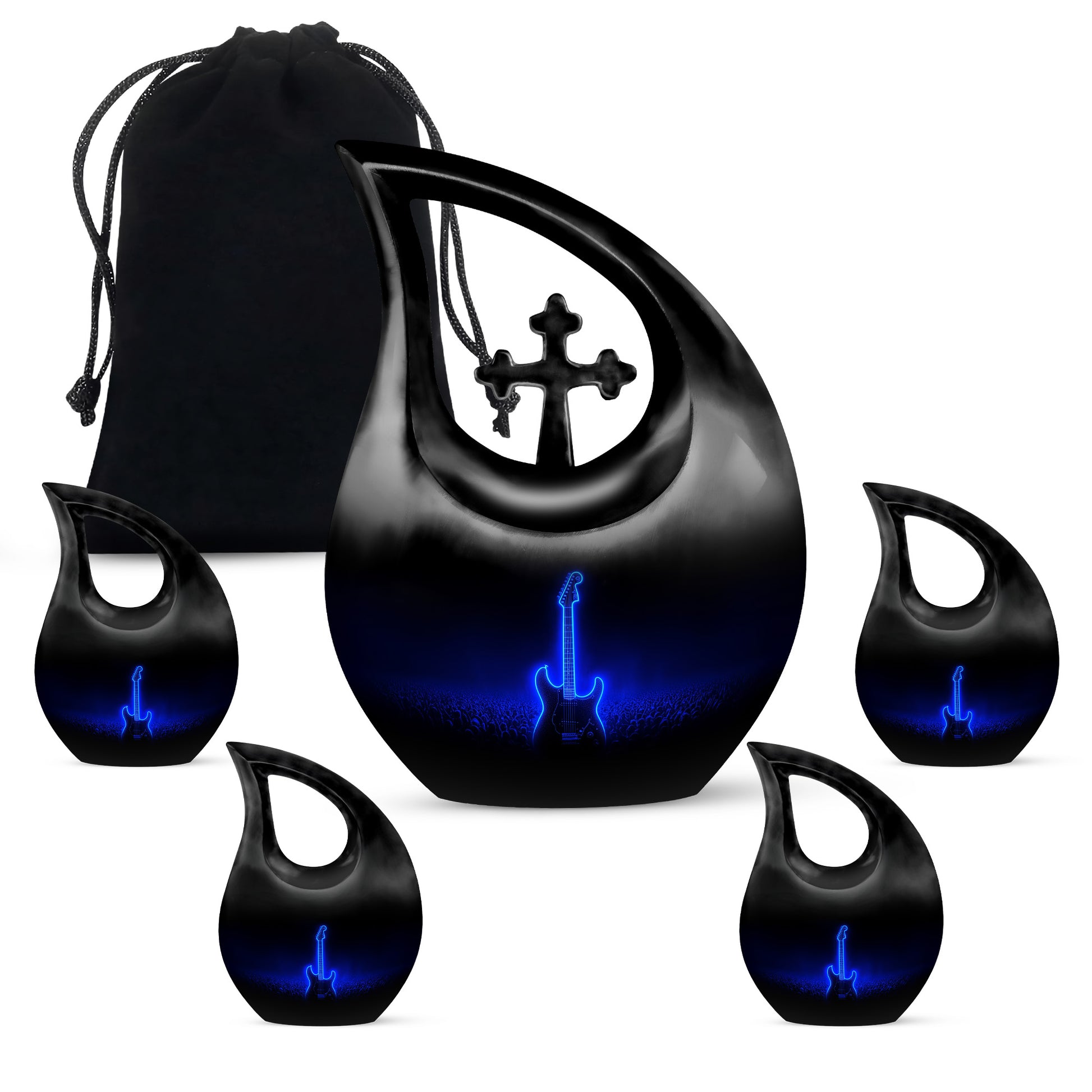 Onyx Black Guitar Cremation Urn urn with complimentary velvet bag - devotional cross-drop guitar engraving - memorial set with one large and four small urns