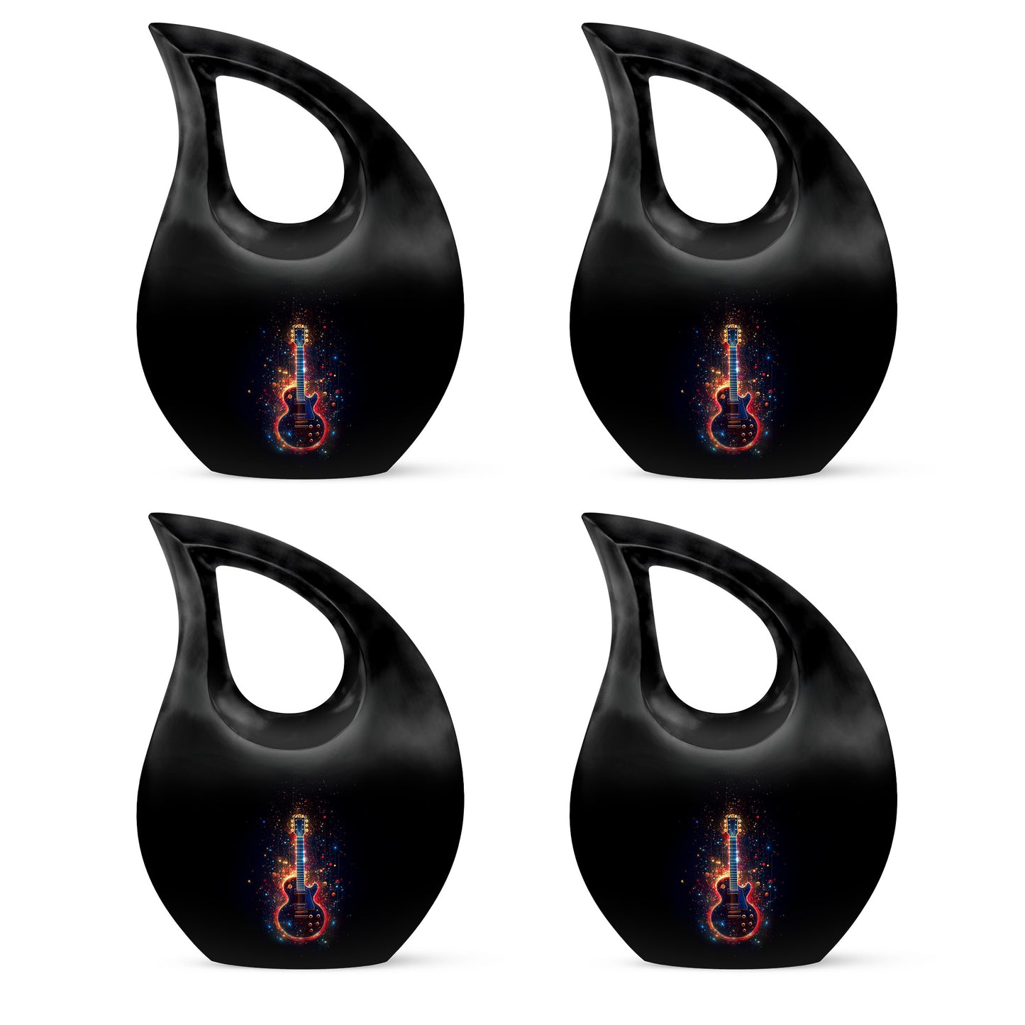 Onyx Black Guitar Cremation Urn lifestyle display on memorial shelf - faith-inspired cross-drop urn with guitar pattern - 10 inch aluminum urn for cremated remains