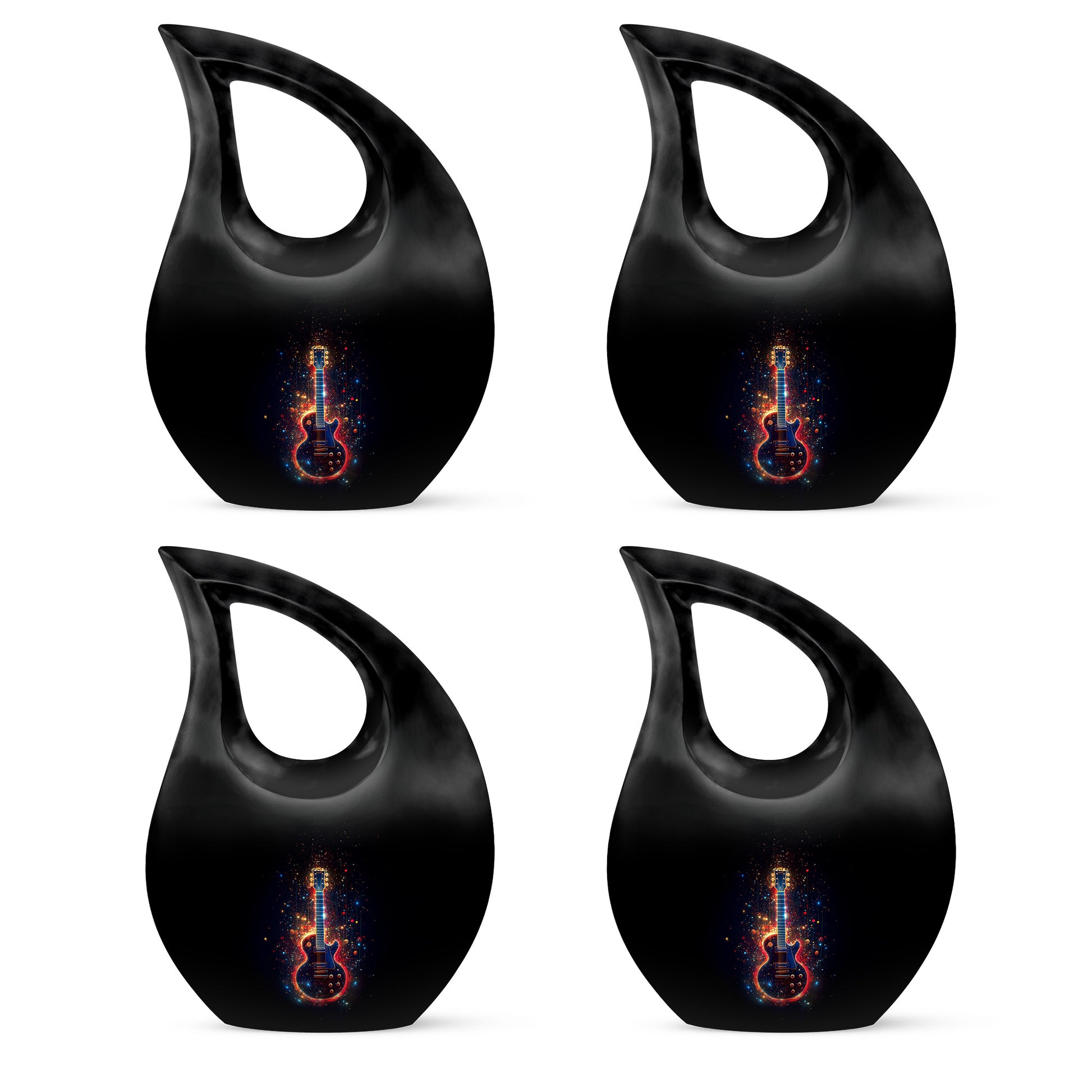 Onyx Black Guitar Cremation Urn lifestyle display on memorial shelf - faith-inspired cross-drop urn with guitar pattern - 10 inch aluminum urn for cremated remains