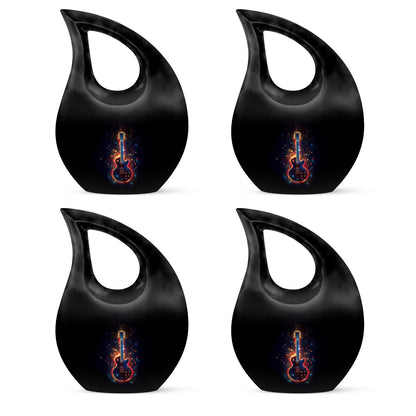 Onyx Black Guitar Cremation Urn lifestyle display on memorial shelf - faith-inspired cross-drop urn with guitar pattern - 10 inch aluminum urn for cremated remains