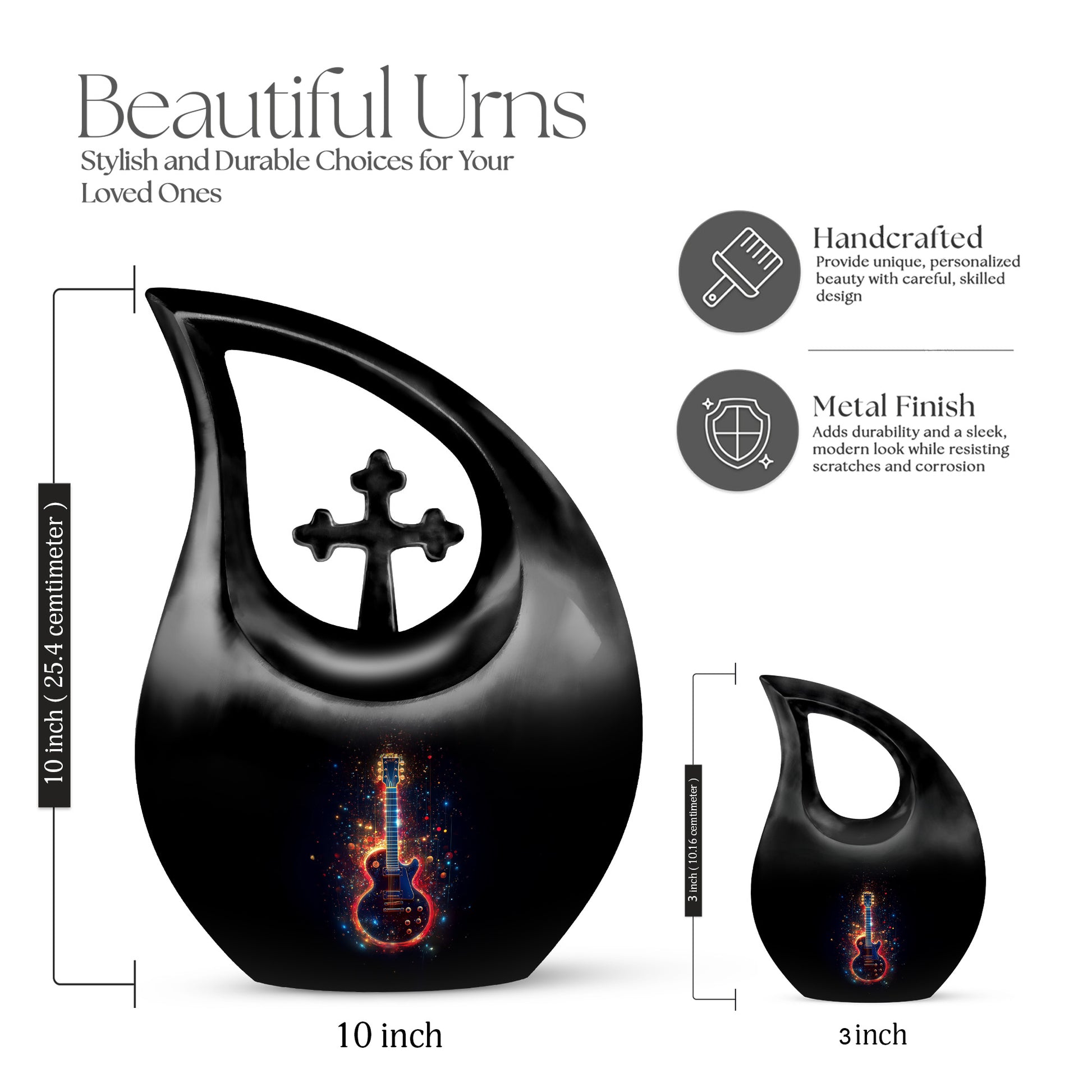 Midnight Black Guitar Cremation Urn back view with polished surface - devotional cross-drop guitar engraving - mini keepsake memorial for portion of cremation ashes