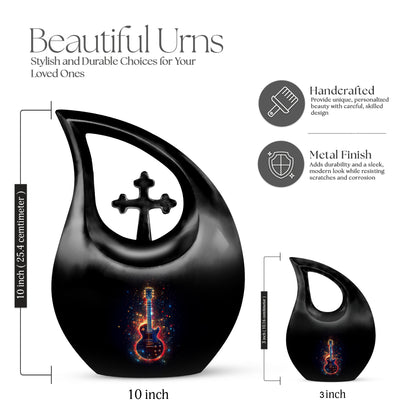 Midnight Black Guitar Cremation Urn back view with polished surface - devotional cross-drop guitar engraving - mini keepsake memorial for portion of cremation ashes