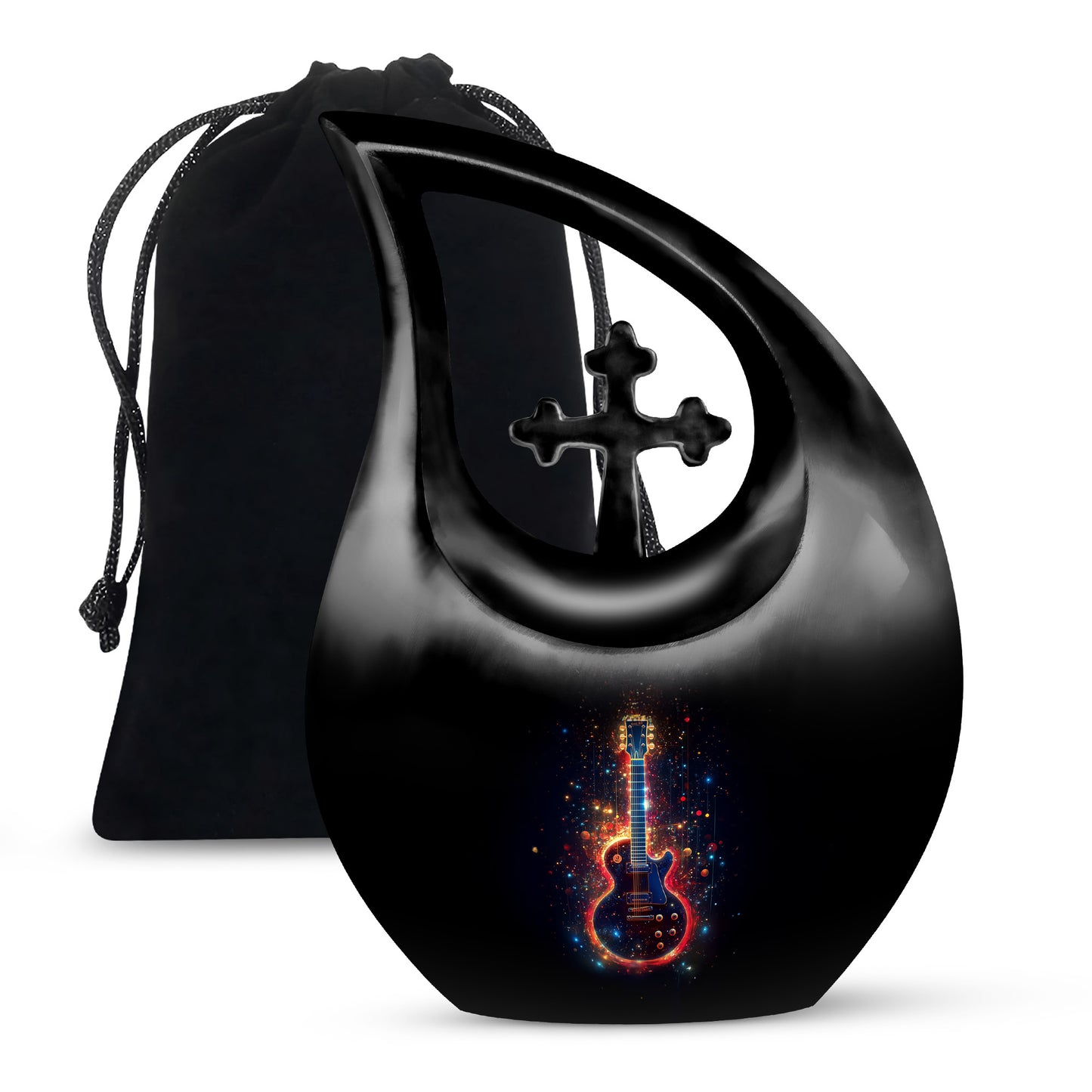 Charcoal Black Guitar Cremation Urn top-down view of secure threaded lid - faith-inspired cross-drop urn with guitar pattern - full-size 10 inch 200 cubic inch adult cremation urn