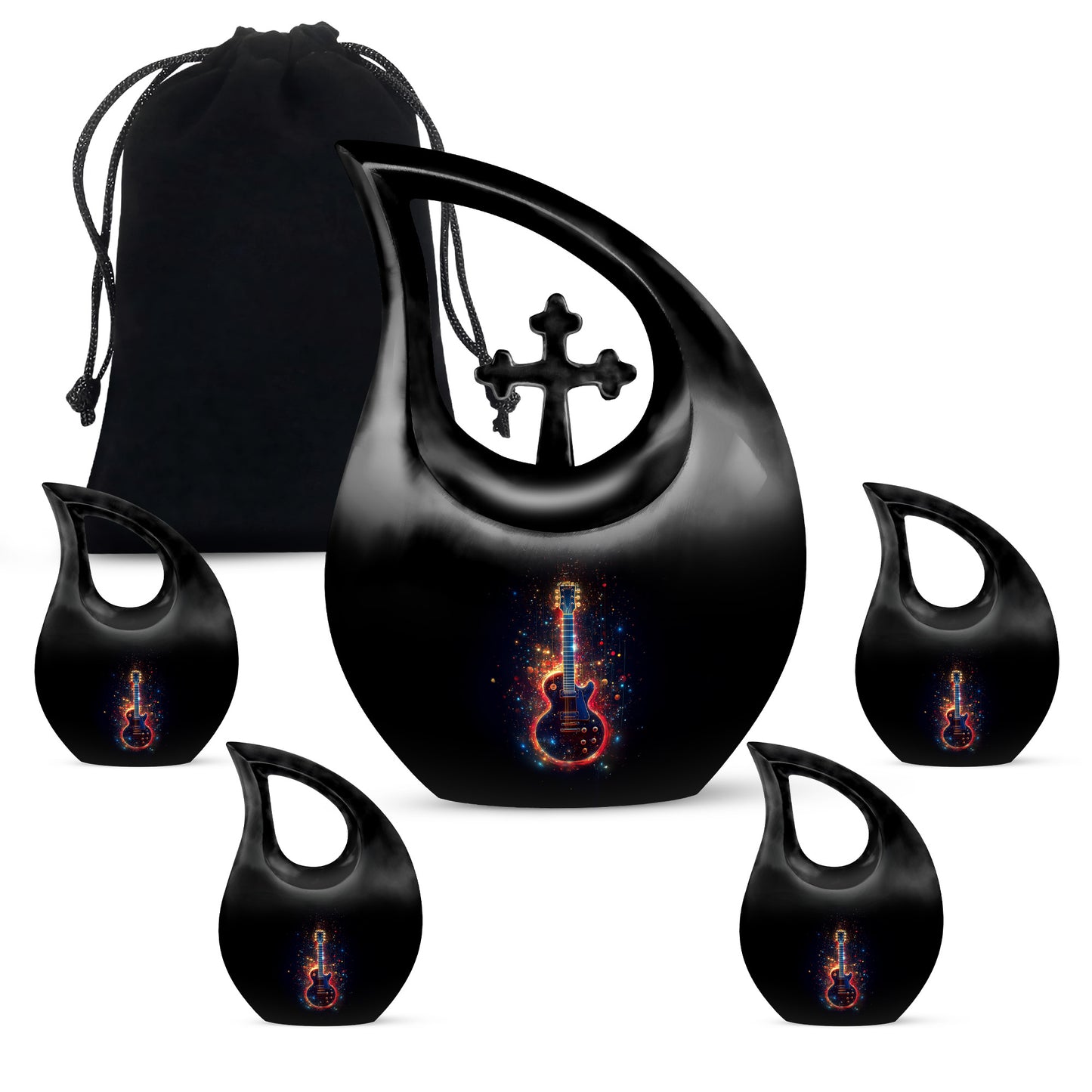 Midnight Black Guitar Cremation Urn urn with complimentary velvet bag - devotional cross-drop guitar engraving - memorial set with one large and four small urns