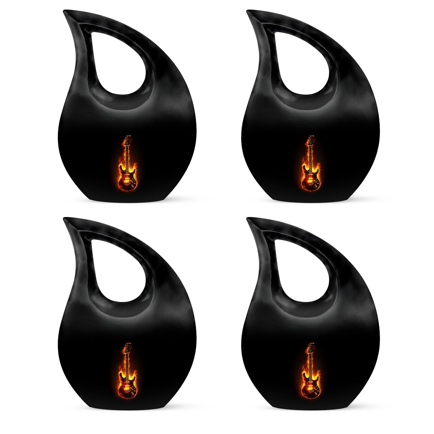 Jet Black Guitar Cremation Urn lifestyle display on memorial shelf - sacred cross merged with guitar motif on metal - 10 inch aluminum urn for cremated remains