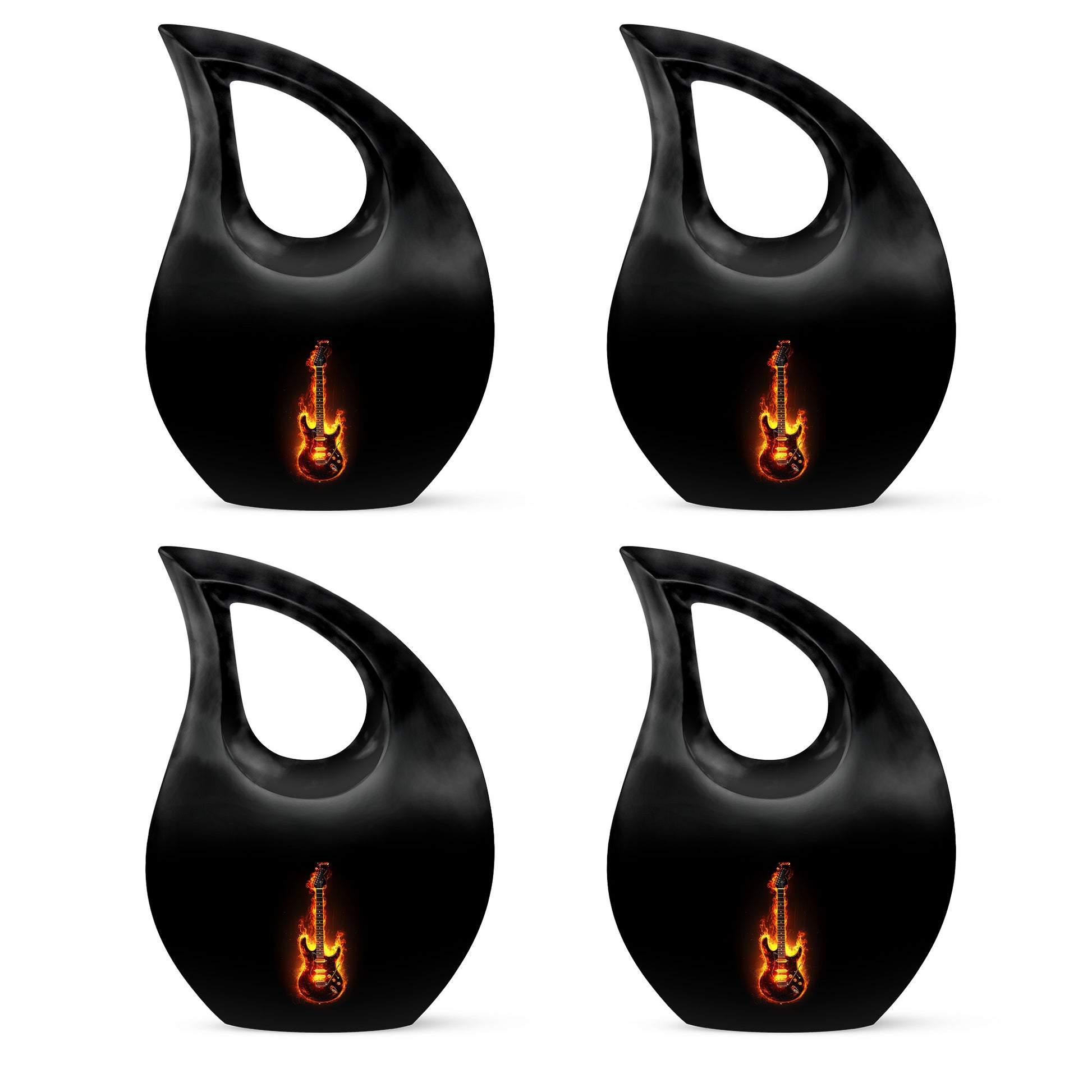 Jet Black Guitar Cremation Urn lifestyle display on memorial shelf - sacred cross merged with guitar motif on metal - 10 inch aluminum urn for cremated remains