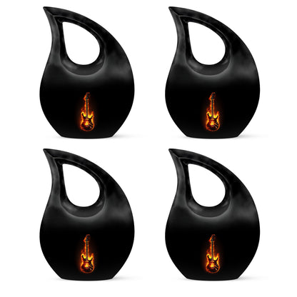 Jet Black Guitar Cremation Urn lifestyle display on memorial shelf - sacred cross merged with guitar motif on metal - 10 inch aluminum urn for cremated remains