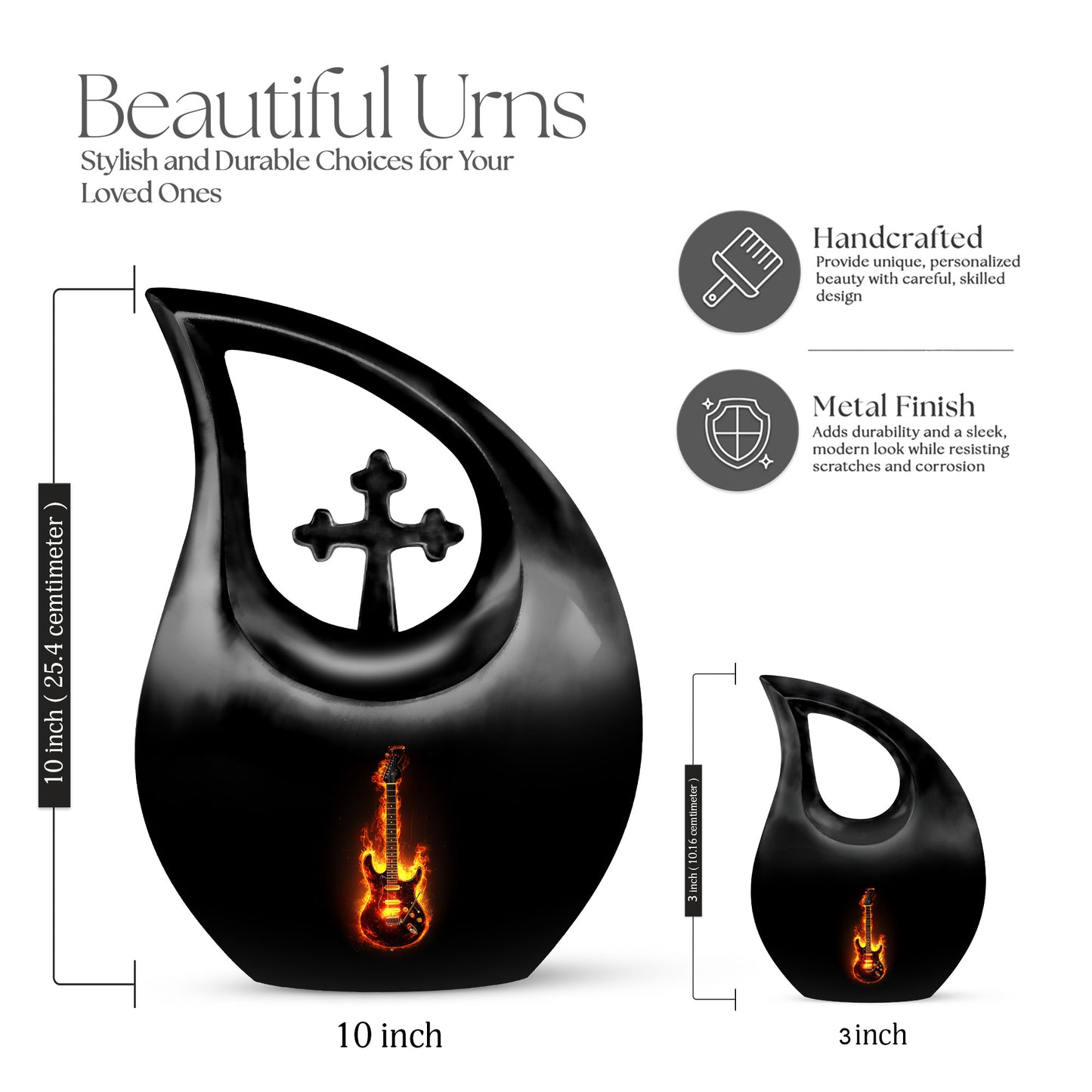 Obsidian Black Guitar Cremation Urn back view with polished surface - devotional cross-drop guitar engraving - mini keepsake memorial for portion of cremation ashes