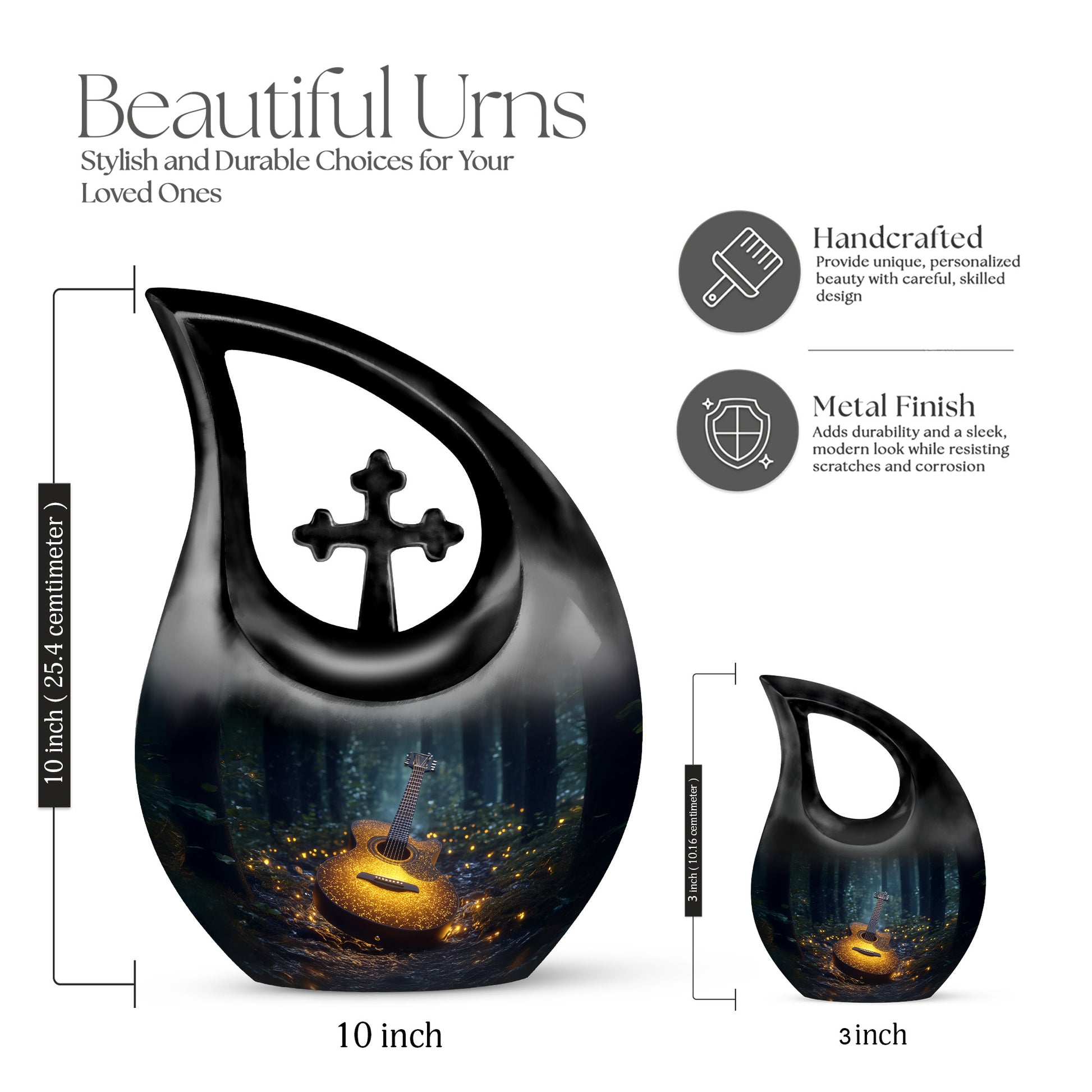 Cobalt Blue Guitar Cremation Urn back view with polished surface - faith-inspired cross-drop urn with guitar pattern - mini keepsake memorial for portion of cremation ashes
