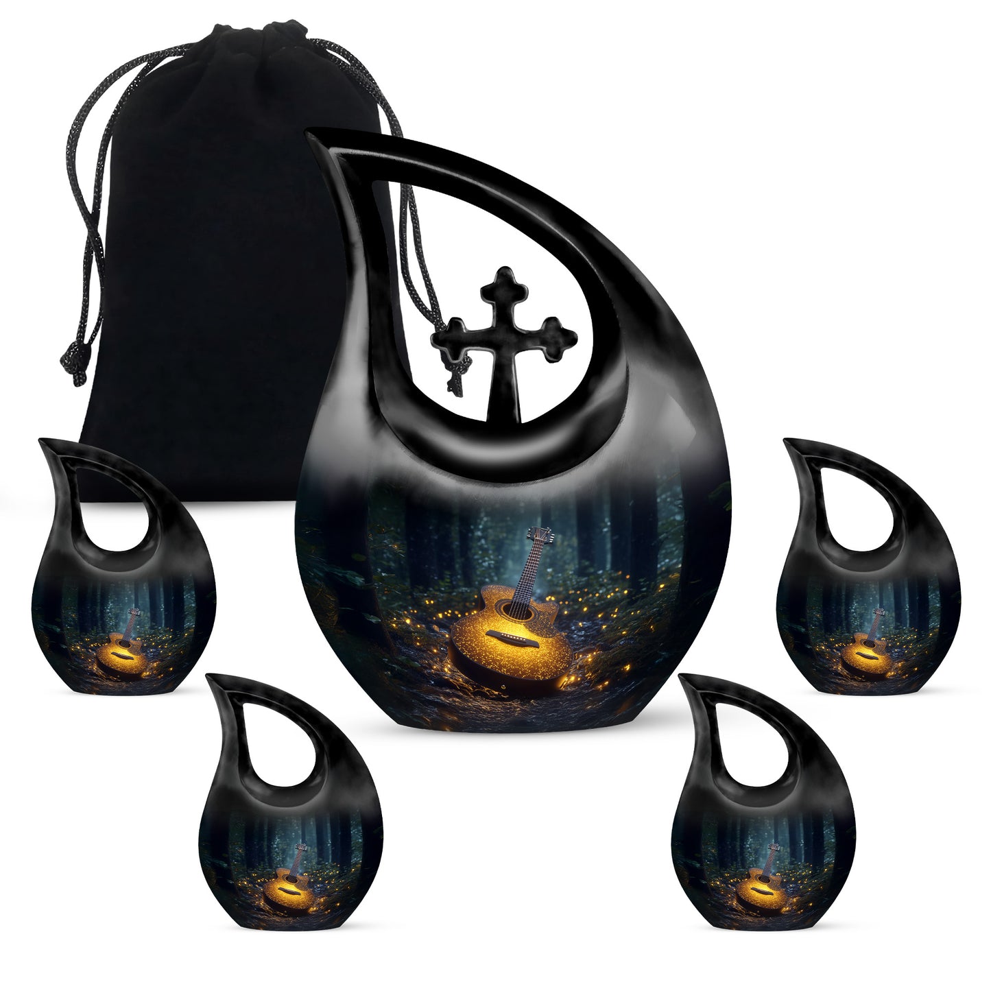 Misty Blue Guitar Cremation Urn urn with complimentary velvet bag - sacred cross merged with guitar motif on metal - memorial set with one large and four small urns