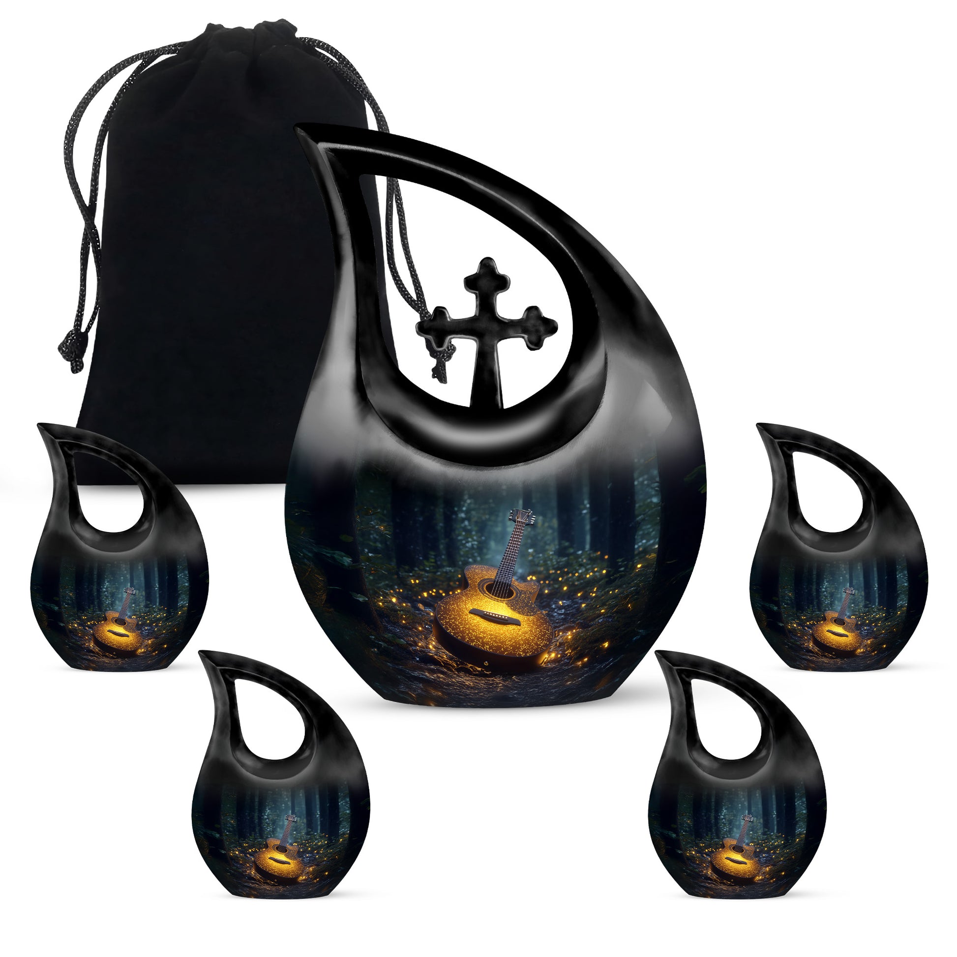 Misty Blue Guitar Cremation Urn urn with complimentary velvet bag - sacred cross merged with guitar motif on metal - memorial set with one large and four small urns