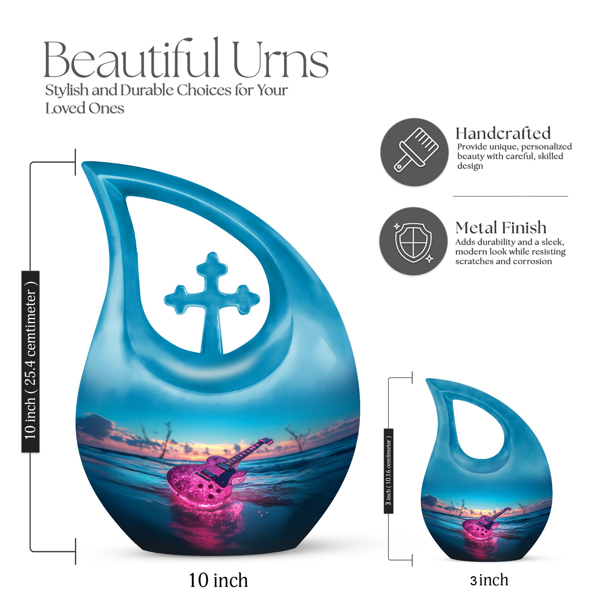 Aqua Teal Guitar Cremation Urn back view with polished surface - devotional cross-drop guitar engraving - mini keepsake memorial for portion of cremation ashes