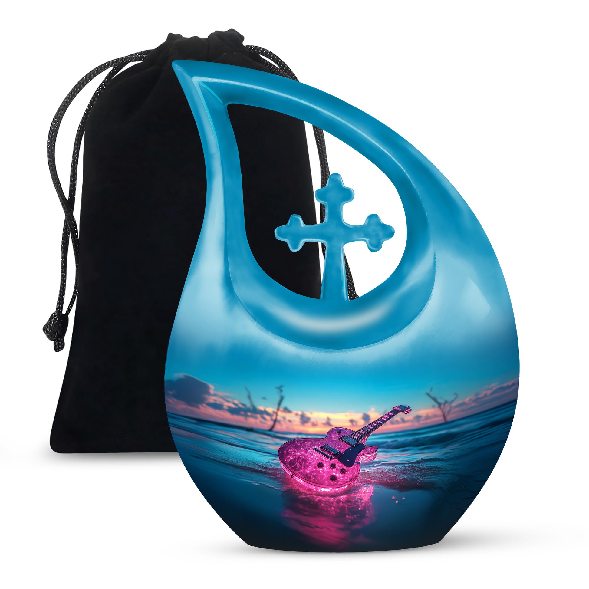Tropical Teal Guitar Cremation Urn top-down view of secure threaded lid - devotional cross-drop guitar engraving - full-size 10 inch 200 cubic inch adult cremation urn
