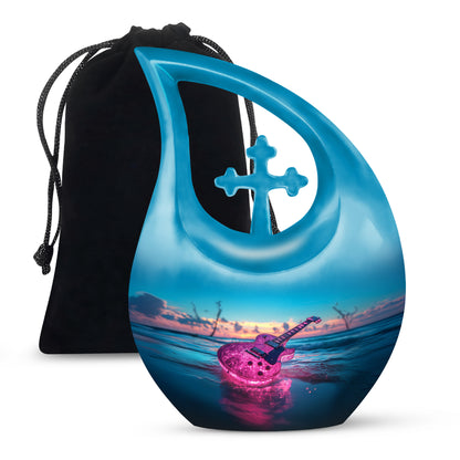 Tropical Teal Guitar Cremation Urn top-down view of secure threaded lid - devotional cross-drop guitar engraving - full-size 10 inch 200 cubic inch adult cremation urn