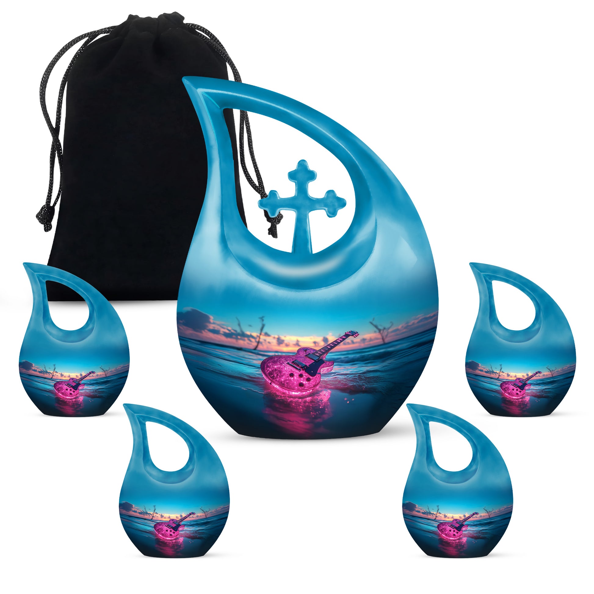 Deep Teal Guitar Cremation Urn urn with complimentary velvet bag - faith-inspired cross-drop urn with guitar pattern - memorial set with one large and four small urns