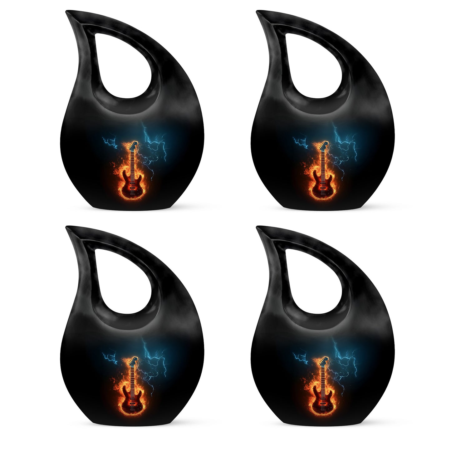 Rich Black Guitar Cremation Urn lifestyle display on memorial shelf - cross and guitar combined in spiritual memorial design - 10 inch aluminum urn for cremated remains