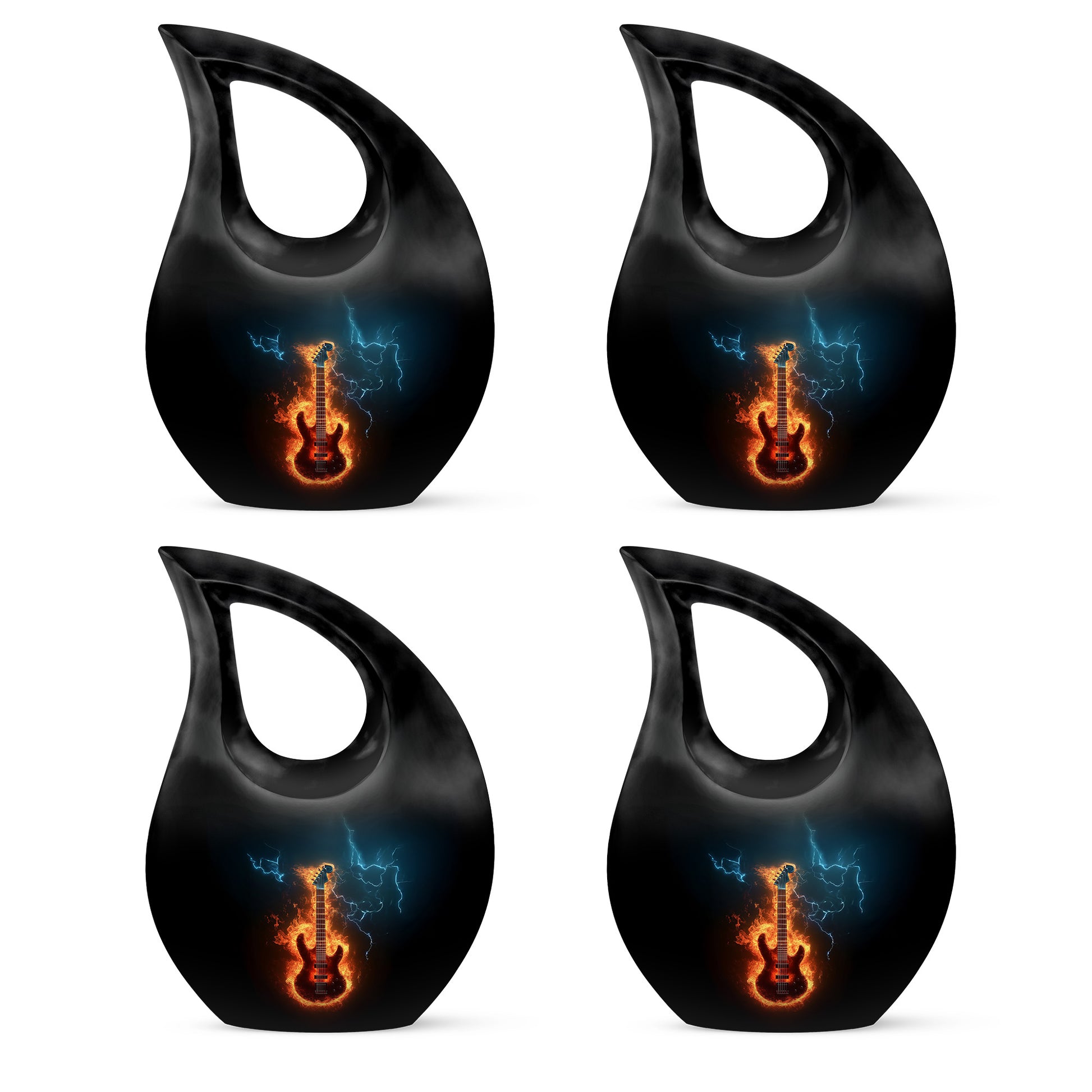 Rich Black Guitar Cremation Urn lifestyle display on memorial shelf - cross and guitar combined in spiritual memorial design - 10 inch aluminum urn for cremated remains