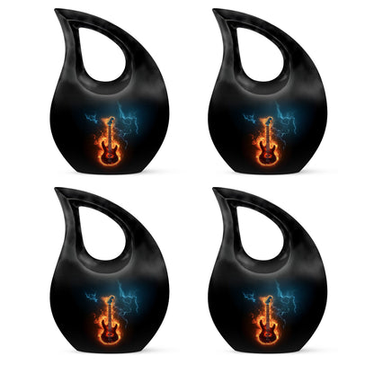 Rich Black Guitar Cremation Urn lifestyle display on memorial shelf - cross and guitar combined in spiritual memorial design - 10 inch aluminum urn for cremated remains
