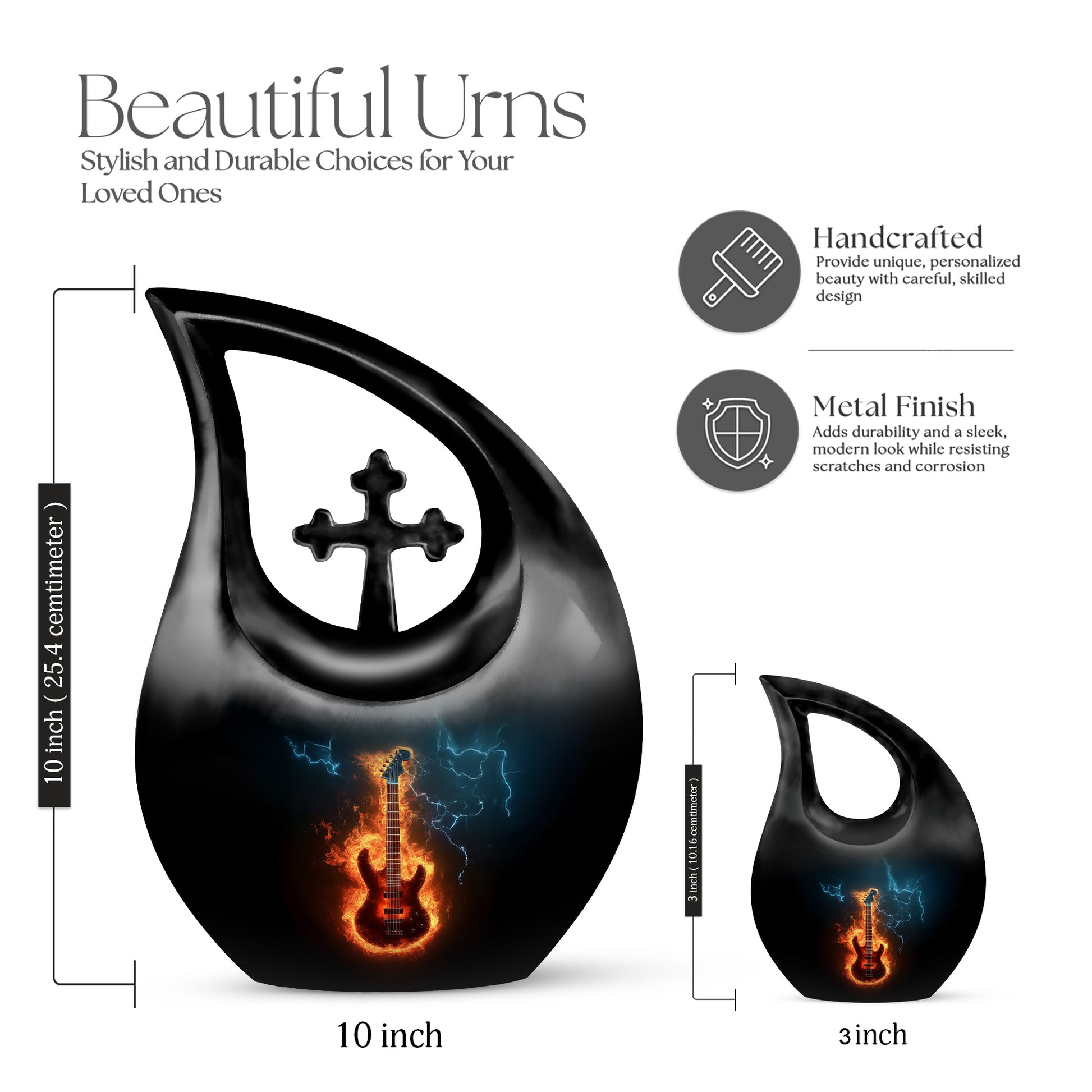 Deep Black Guitar Cremation Urn back view with polished surface - sacred cross merged with guitar motif on metal - mini keepsake memorial for portion of cremation ashes