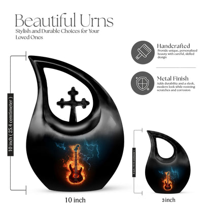 Deep Black Guitar Cremation Urn back view with polished surface - sacred cross merged with guitar motif on metal - mini keepsake memorial for portion of cremation ashes