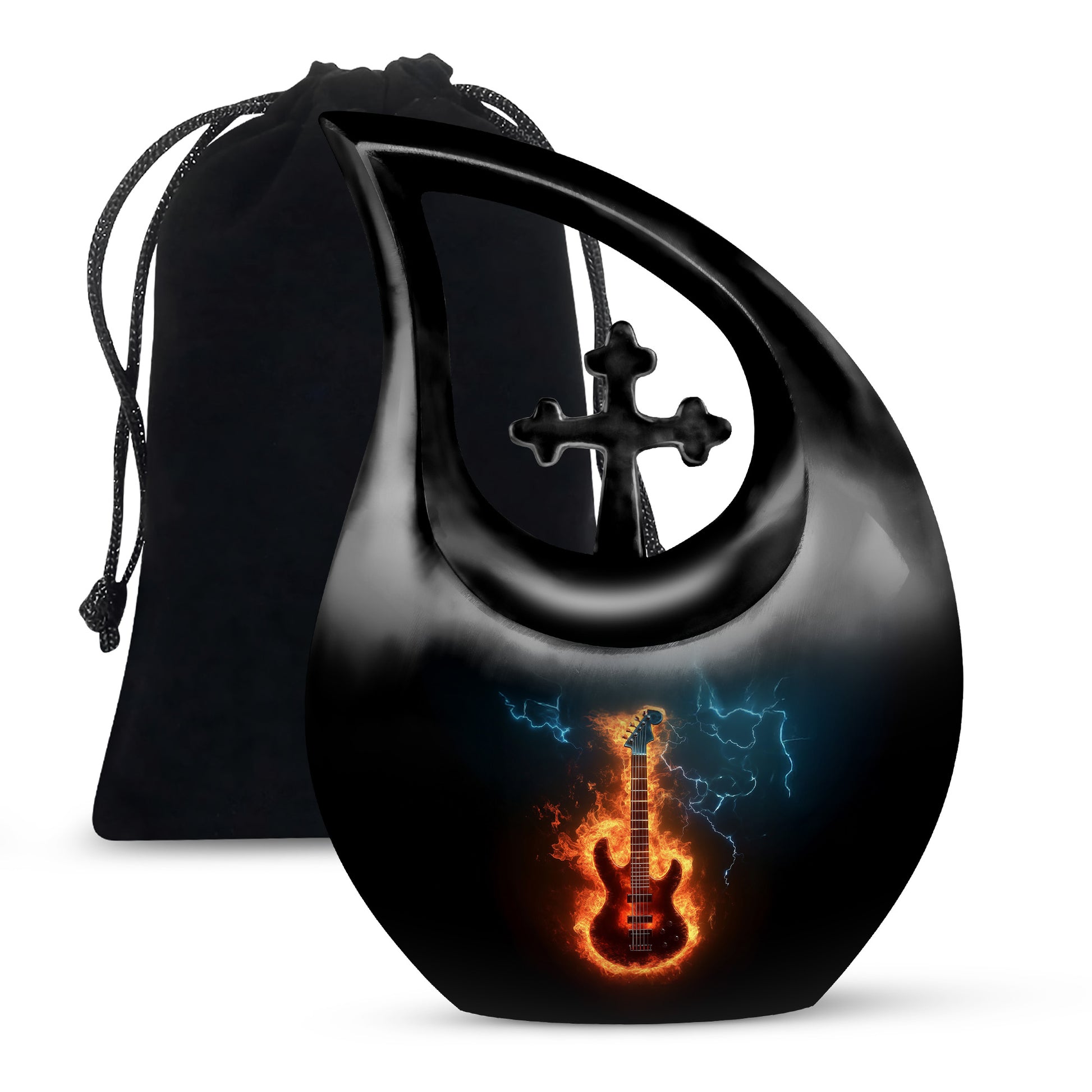 Jet Black Guitar Cremation Urn top-down view of secure threaded lid - sacred cross merged with guitar motif on metal - full-size 10 inch 200 cubic inch adult cremation urn
