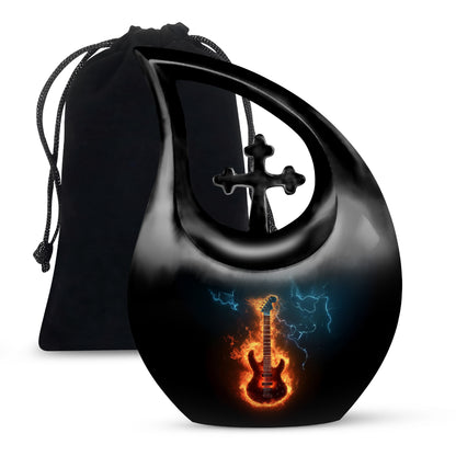 Jet Black Guitar Cremation Urn top-down view of secure threaded lid - sacred cross merged with guitar motif on metal - full-size 10 inch 200 cubic inch adult cremation urn