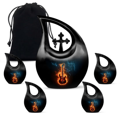 Charcoal Black Guitar Cremation Urn urn with complimentary velvet bag - faith-inspired cross-drop urn with guitar pattern - memorial set with one large and four small urns