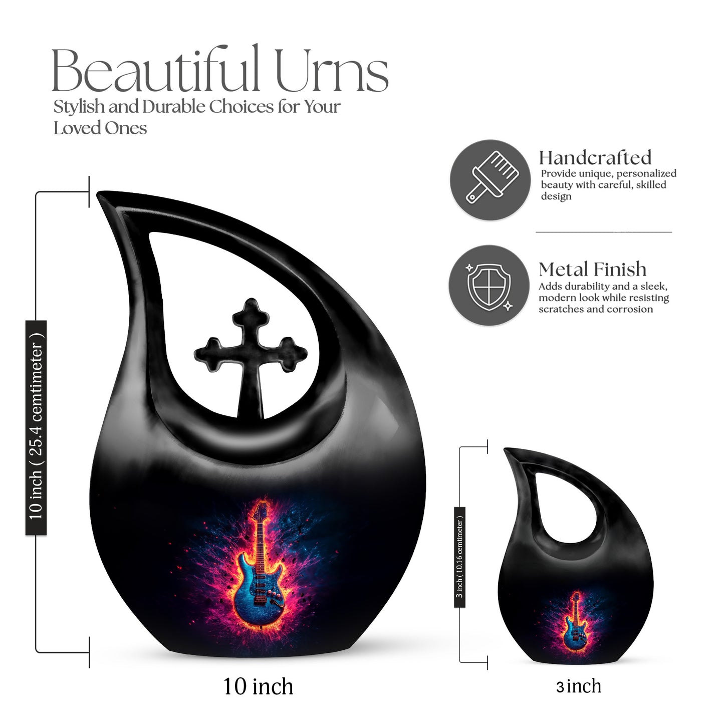 Deep Black Guitar Cremation Urn back view with polished surface - cross and guitar combined in spiritual memorial design - mini keepsake memorial for portion of cremation ashes