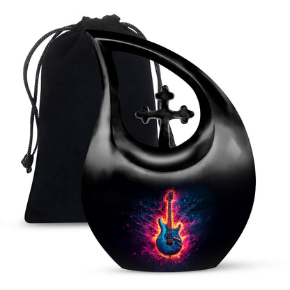 Jet Black Guitar Cremation Urn top-down view of secure threaded lid - cross and guitar combined in spiritual memorial design - full-size 10 inch 200 cubic inch adult cremation urn