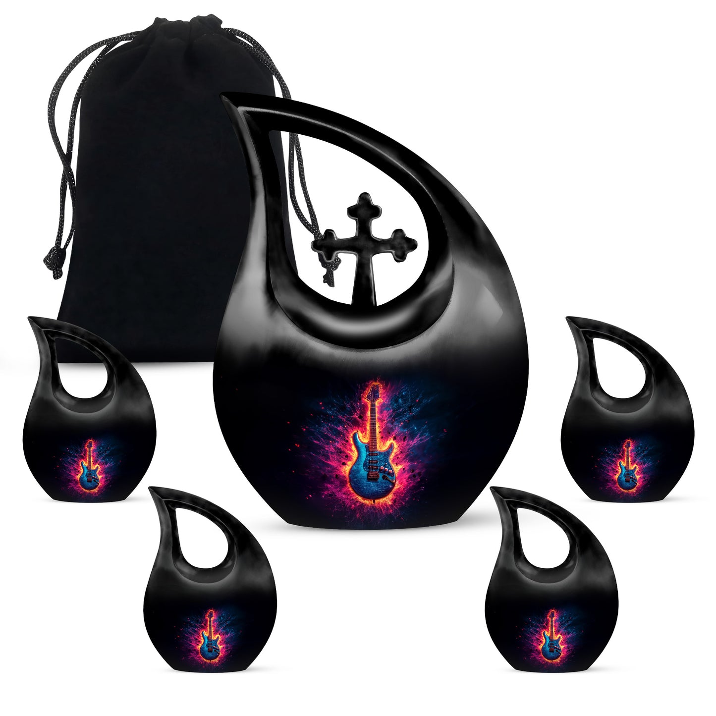 Obsidian Black Guitar Cremation Urn urn with complimentary velvet bag - faith-inspired cross-drop urn with guitar pattern - memorial set with one large and four small urns