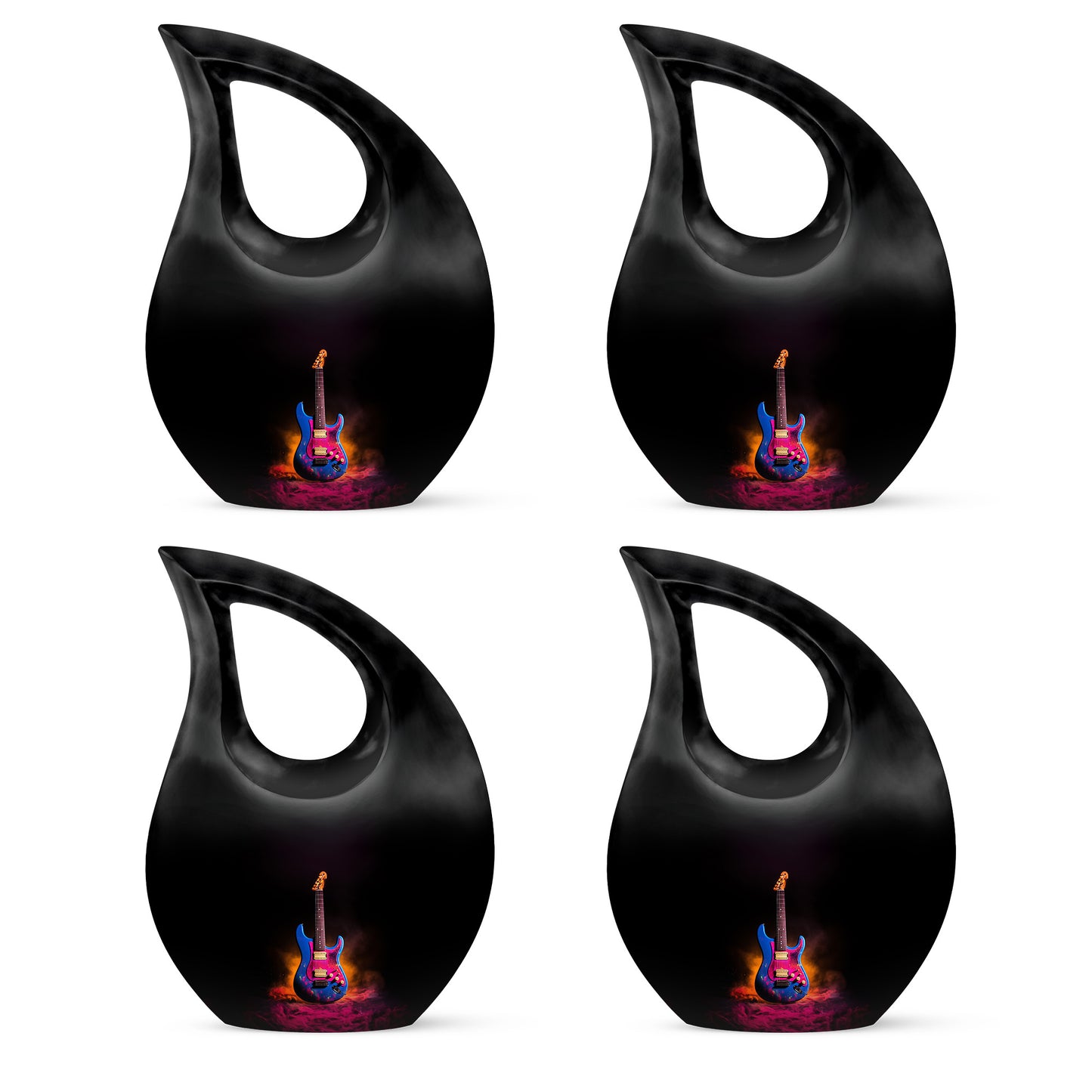 Charcoal Black Guitar Cremation Urn lifestyle display on memorial shelf - faith-inspired cross-drop urn with guitar pattern - 10 inch aluminum urn for cremated remains