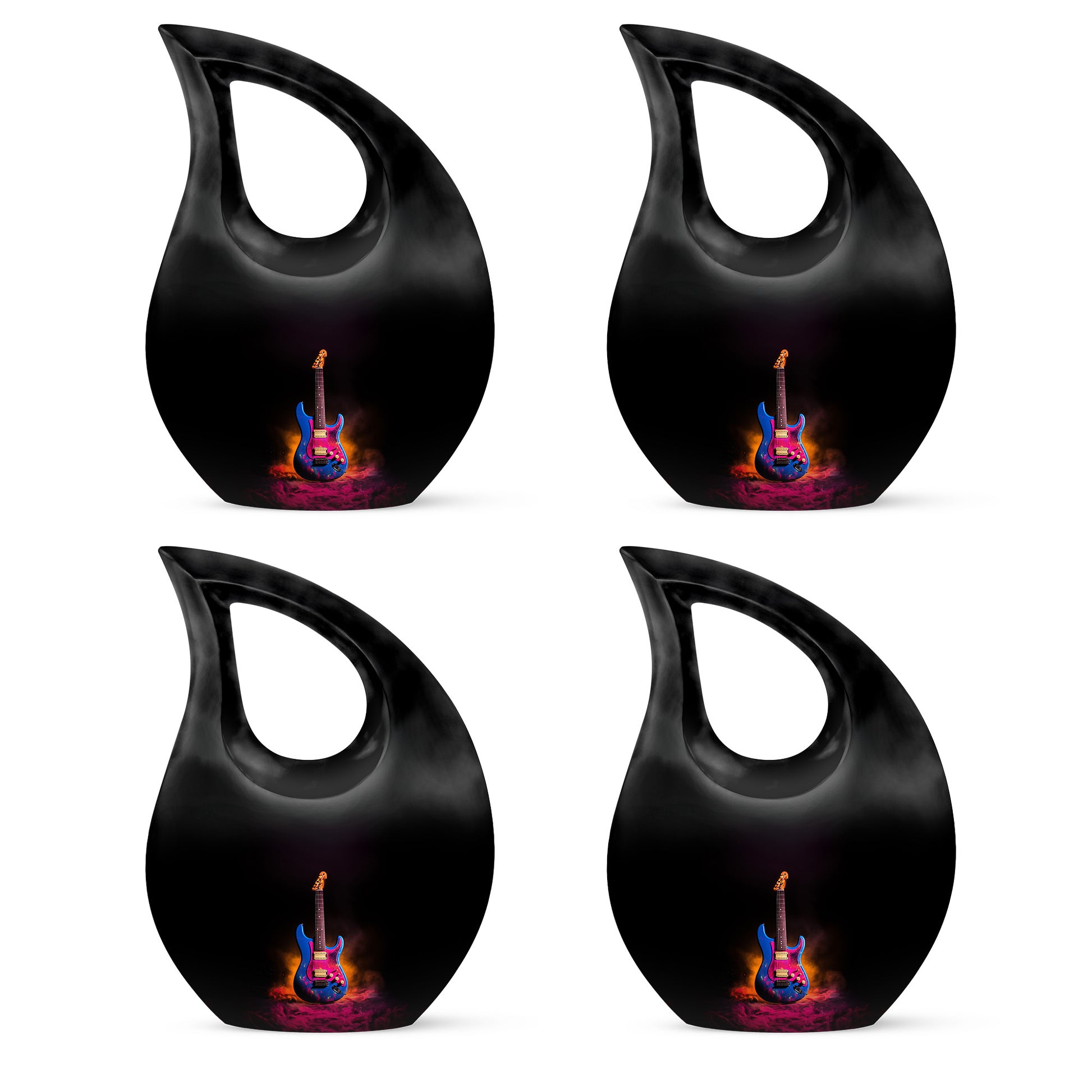Charcoal Black Guitar Cremation Urn lifestyle display on memorial shelf - faith-inspired cross-drop urn with guitar pattern - 10 inch aluminum urn for cremated remains