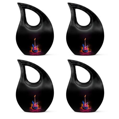Charcoal Black Guitar Cremation Urn lifestyle display on memorial shelf - faith-inspired cross-drop urn with guitar pattern - 10 inch aluminum urn for cremated remains
