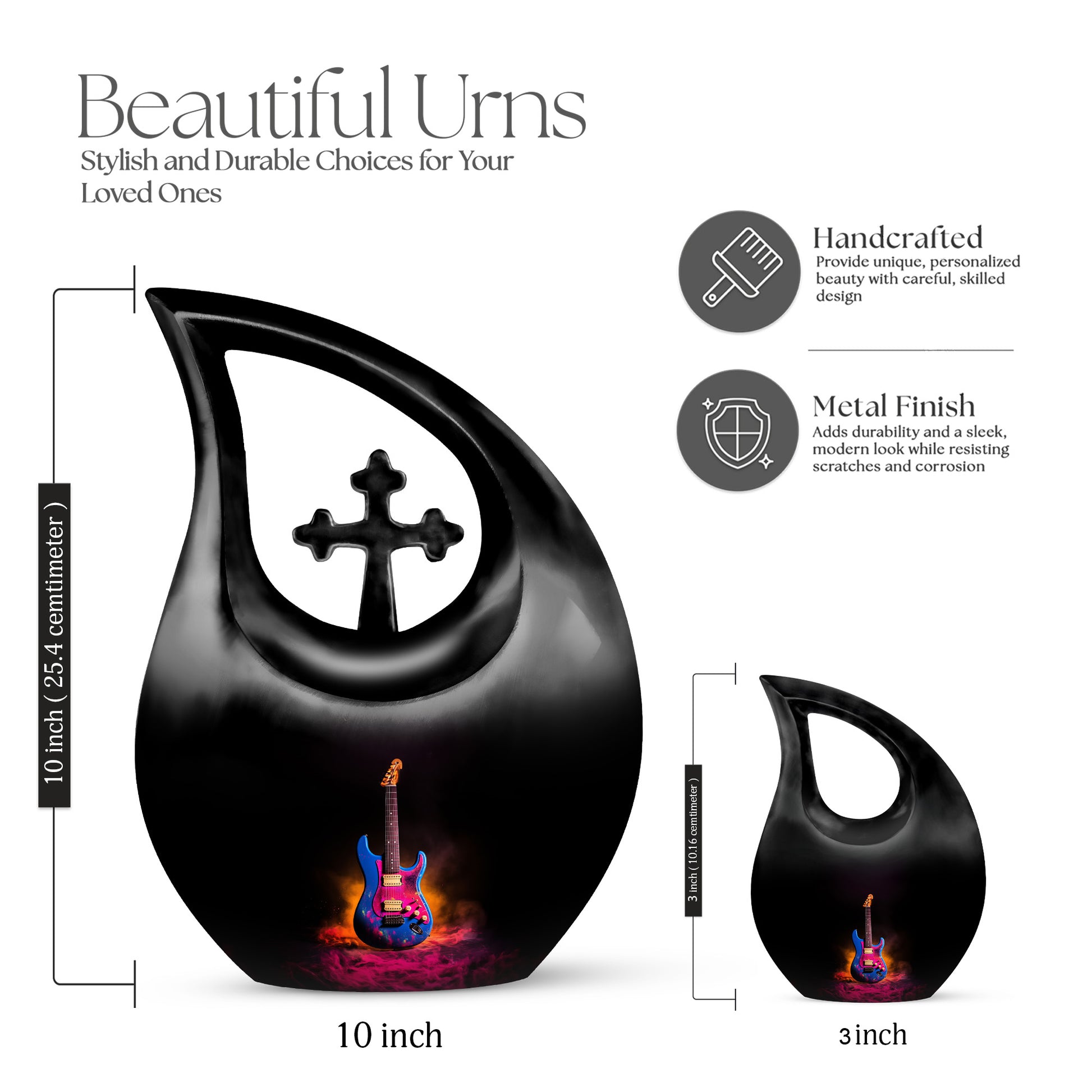 Jet Black Guitar Cremation Urn back view with polished surface - cross and guitar combined in spiritual memorial design - mini keepsake memorial for portion of cremation ashes