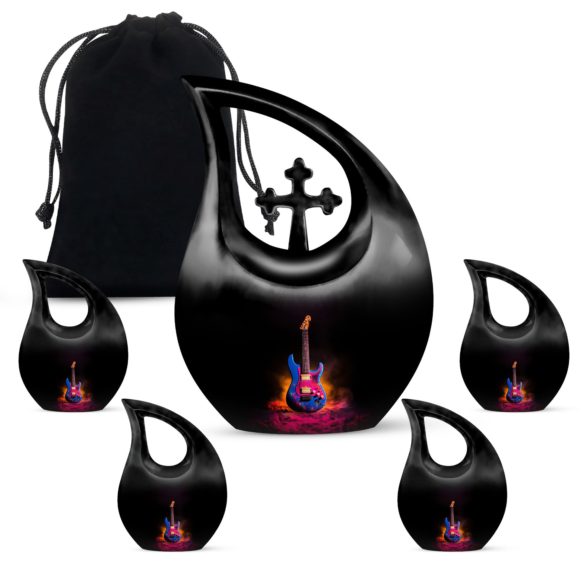 Rich Black Guitar Cremation Urn urn with complimentary velvet bag - sacred cross merged with guitar motif on metal - memorial set with one large and four small urns