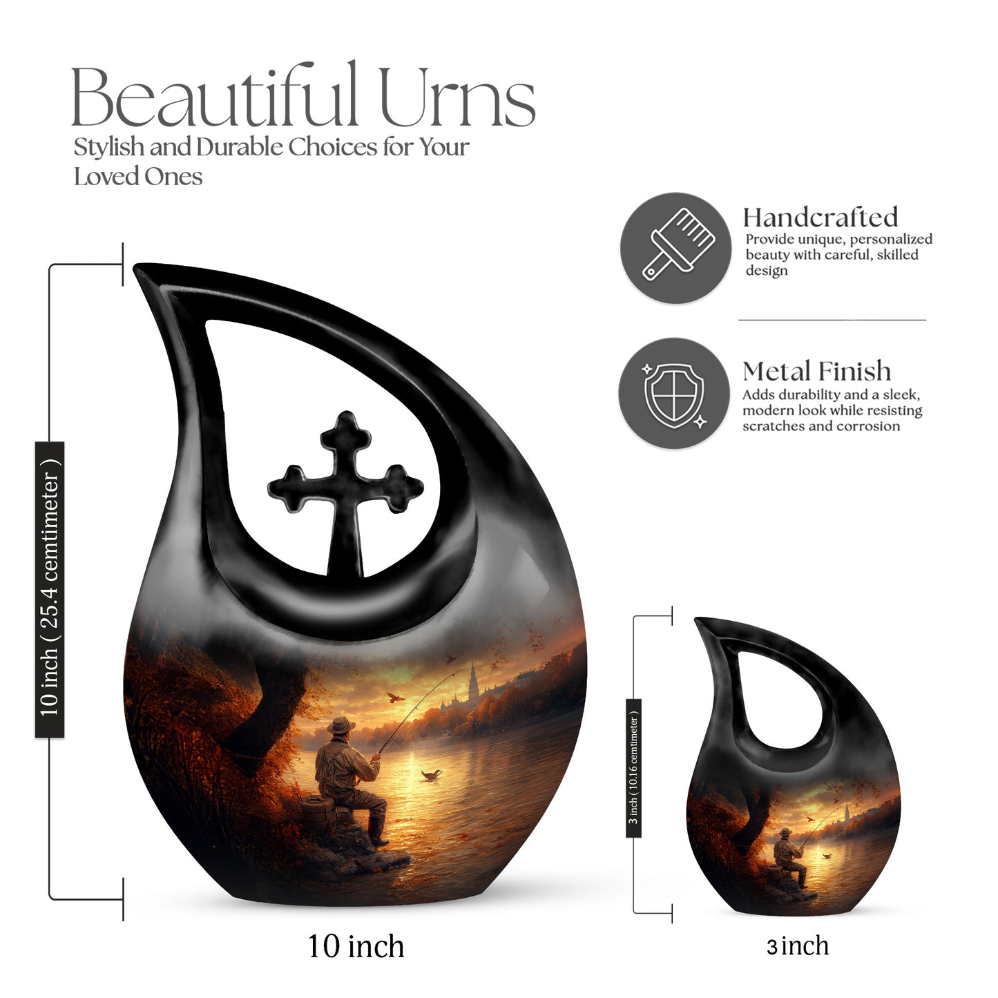 Amber Gold Fishing Cremation Urn back view with polished surface - cross and fishing combined in spiritual memorial design - mini keepsake memorial for portion of cremation ashes