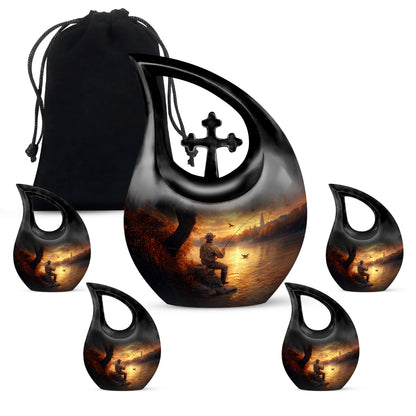 Sunrise Gold Fishing Cremation Urn urn with complimentary velvet bag - sacred cross merged with fishing motif on metal - memorial set with one large and four small urns