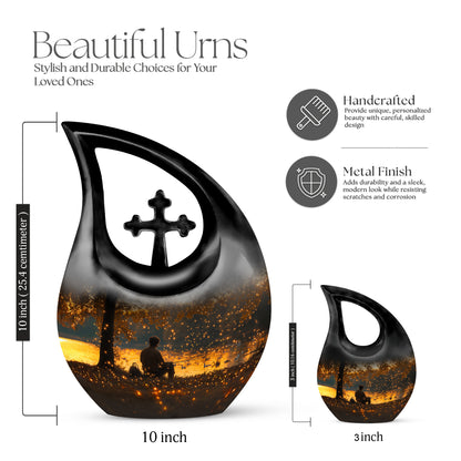 Warm Gold Fishing Cremation Urn back view with polished surface - devotional cross-drop fishing engraving - mini keepsake memorial for portion of cremation ashes