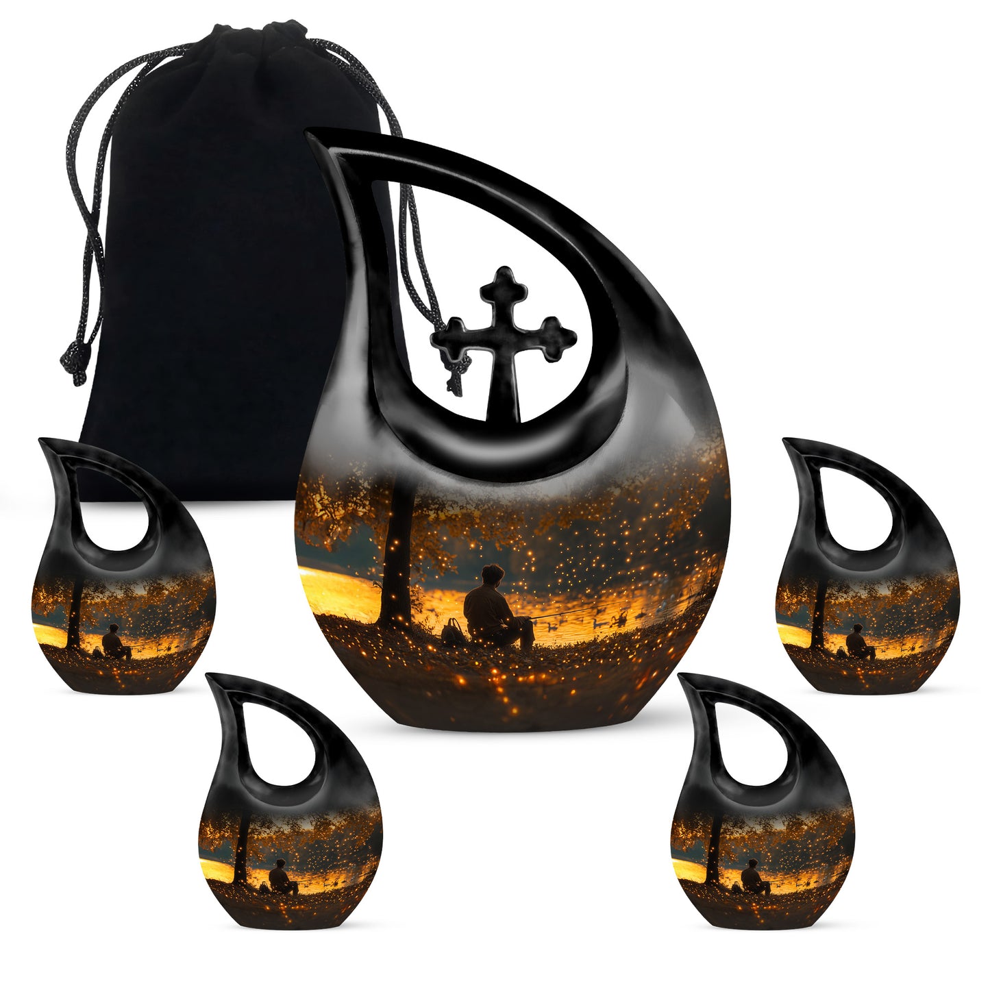 Harvest Gold Fishing Cremation Urn urn with complimentary velvet bag - devotional cross-drop fishing engraving - memorial set with one large and four small urns
