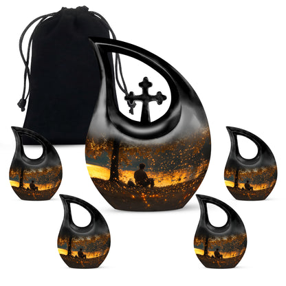 Harvest Gold Fishing Cremation Urn urn with complimentary velvet bag - devotional cross-drop fishing engraving - memorial set with one large and four small urns