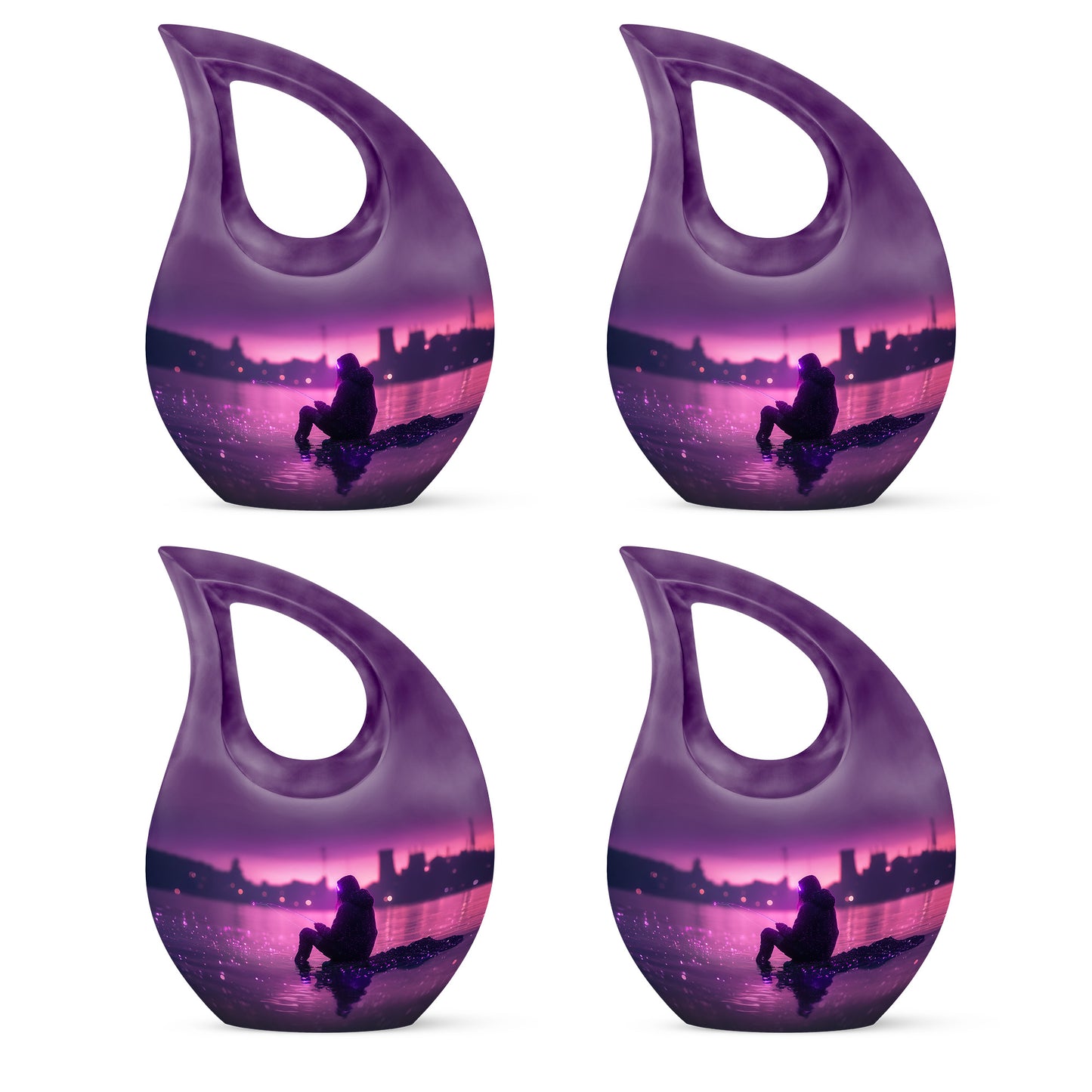Amethyst Purple Fishing Cremation Urn lifestyle display on memorial shelf - cross and fishing combined in spiritual memorial design - 10 inch aluminum urn for cremated remains