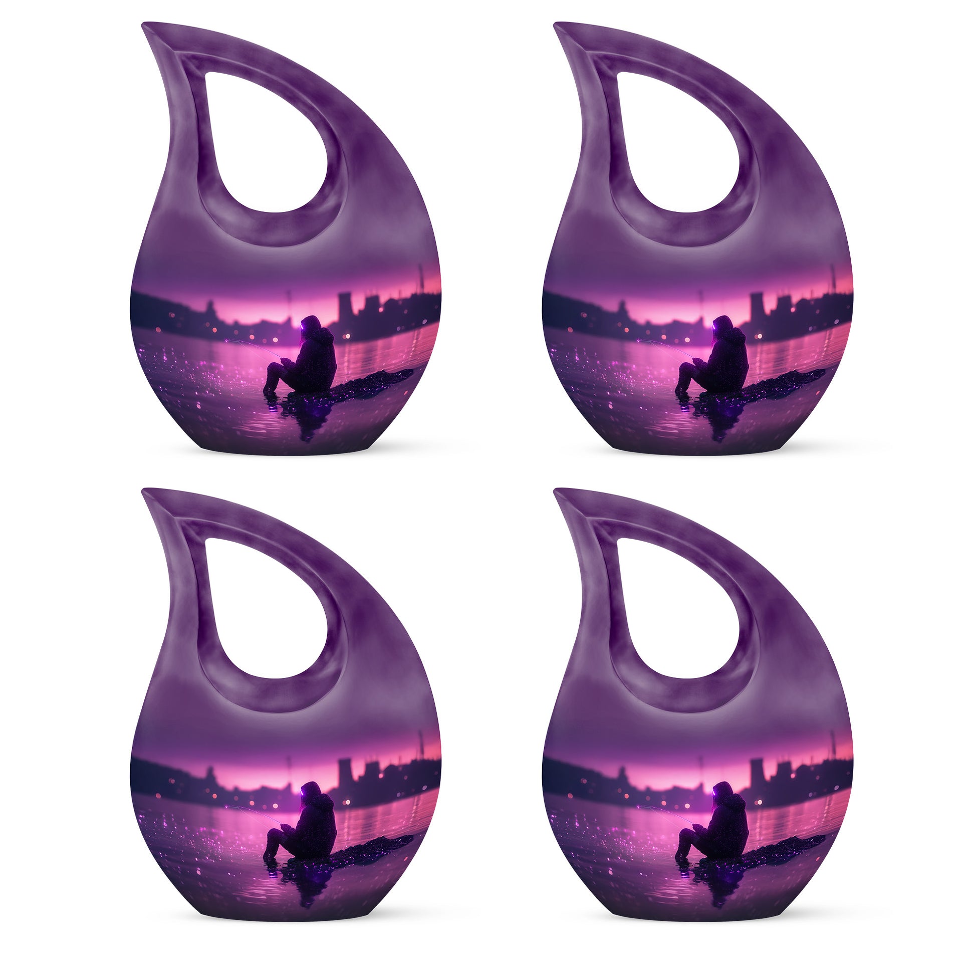 Amethyst Purple Fishing Cremation Urn lifestyle display on memorial shelf - cross and fishing combined in spiritual memorial design - 10 inch aluminum urn for cremated remains