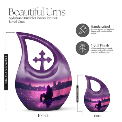 Majestic Purple Fishing Cremation Urn back view with polished surface - cross and fishing combined in spiritual memorial design - mini keepsake memorial for portion of cremation ashes